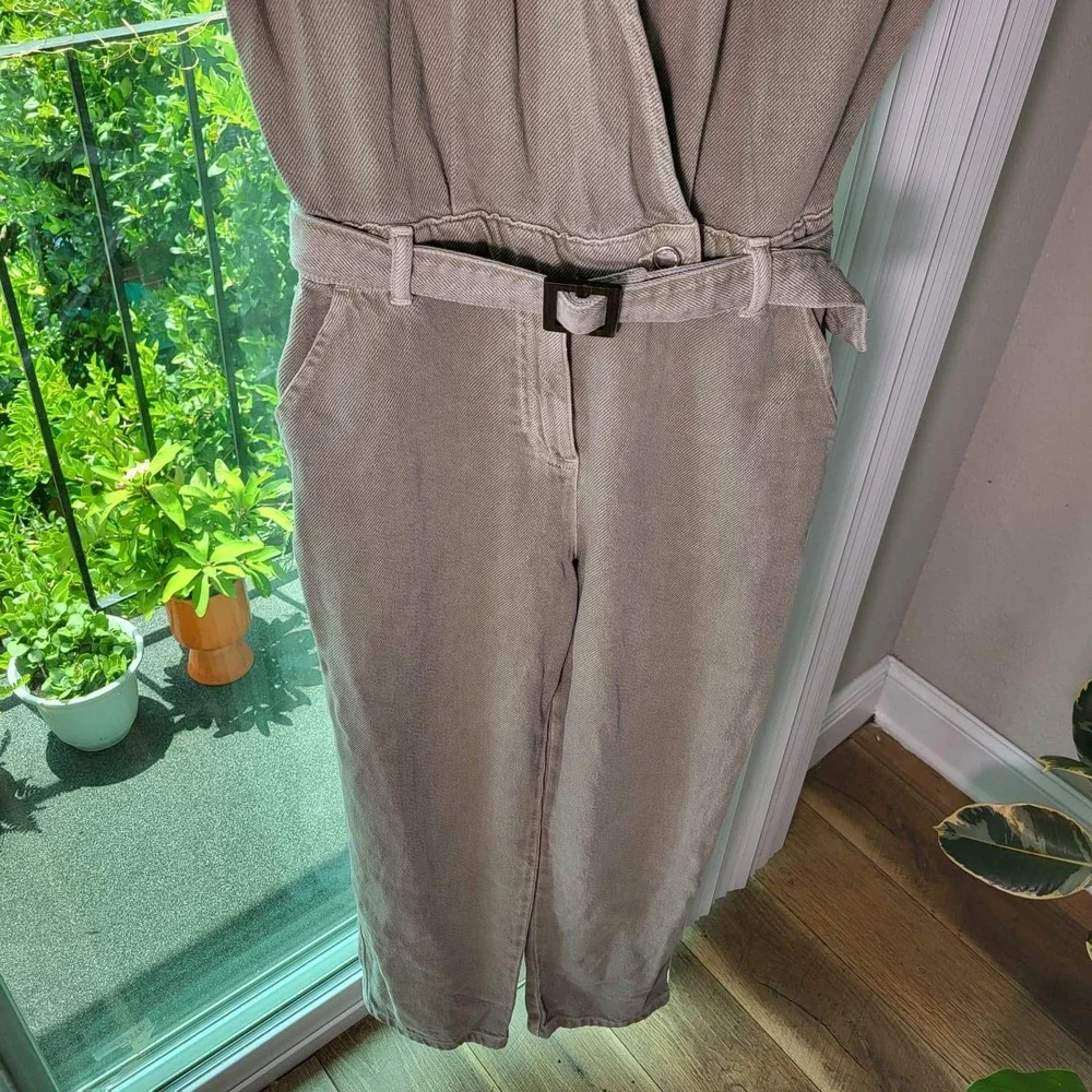 Zara Womens Sage Green Denim Belted Utility Jumpsuit Short Sleeve XS 1887/163